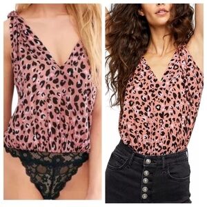 Free People Bare it All Pink Animal Print Tie-Strap Bodysuit Sz S
